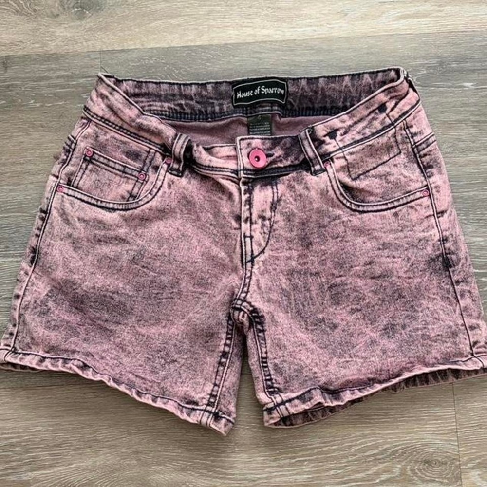 House of Sparrow pink acid wash jean shorts